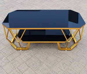Luxury Glass Coffee Table With Gold Geometric Frame and Lower Shelf