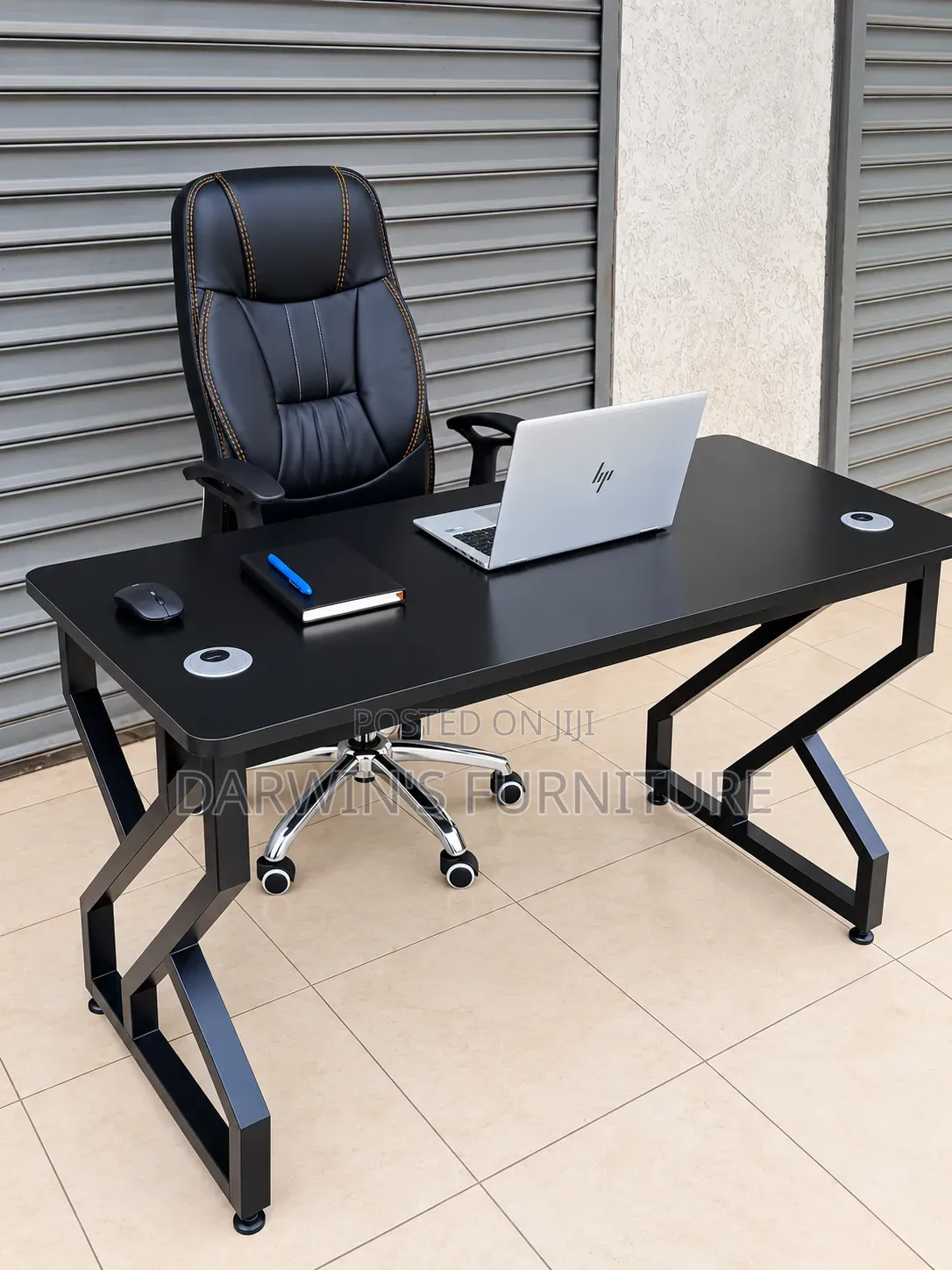 Executive Office Table and Leather Black Chair