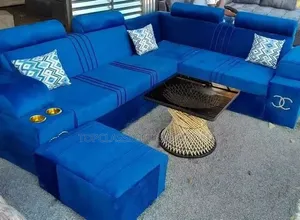 6seater L Shape Color Blue+ 2free Throw Pillows
