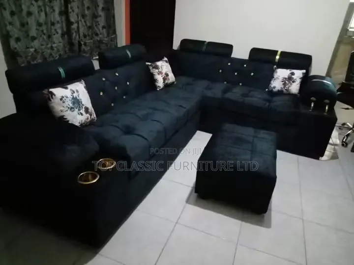 Corner L Shape Color Black  6 Seater+ Footrest.