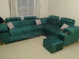 Corner L Shape Color Green Dark Green 3 Throw Pillows and Footrest
