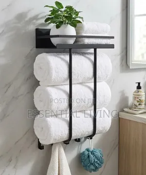 Towel Rack & Bathroom Shelf Modern Black Metal Wall-Mounted