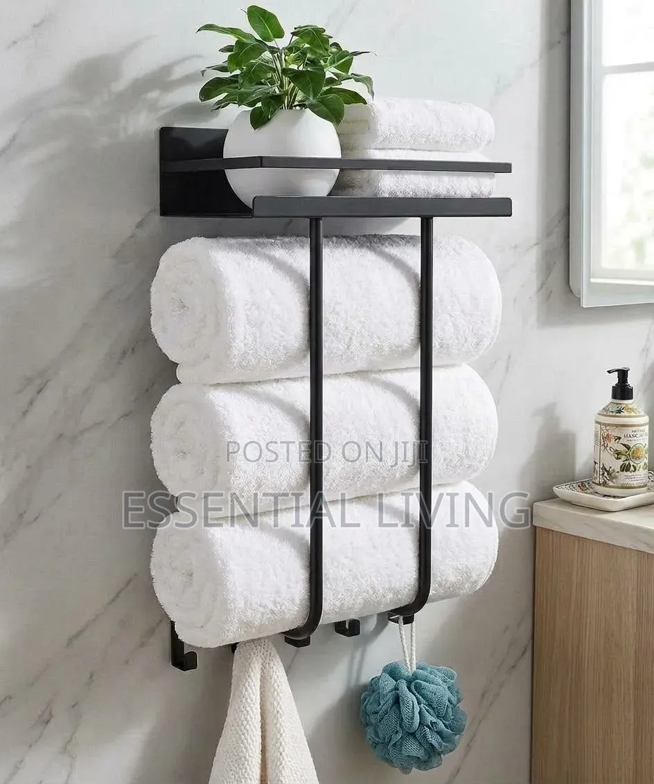 Towel Rack & Bathroom Shelf Modern Black Metal Wall-Mounted