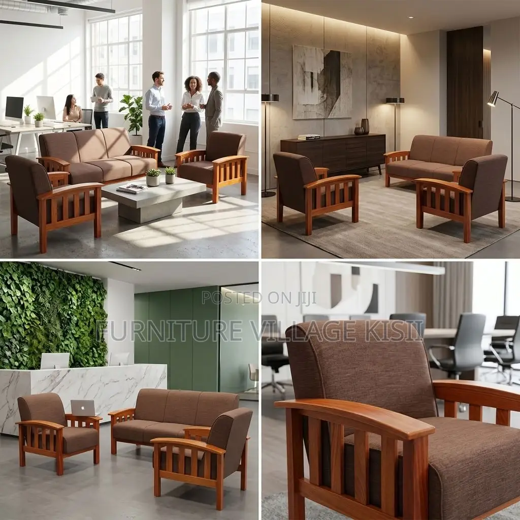 5-Seater Brown Fabric Office Sofa
