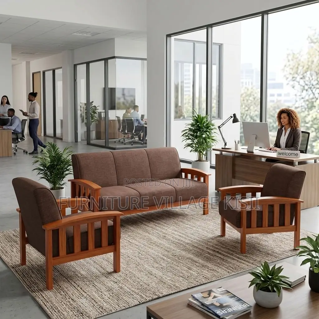 5-Seater Brown Fabric Office Sofa