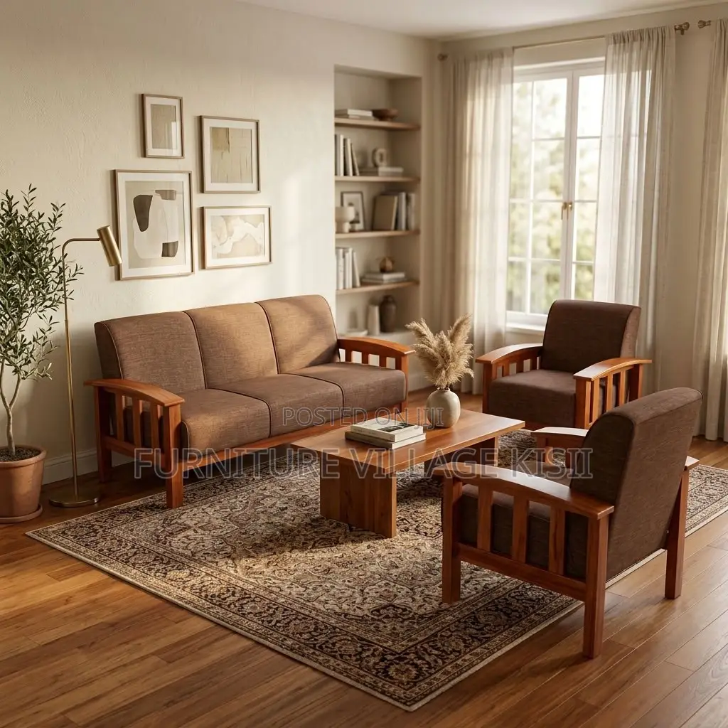 5-Seater Brown Fabric Office Sofa