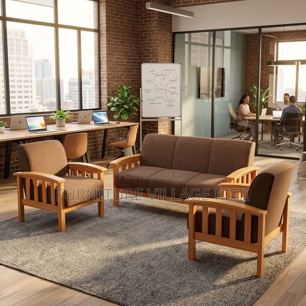 5-Seater Brown Fabric Office Sofa