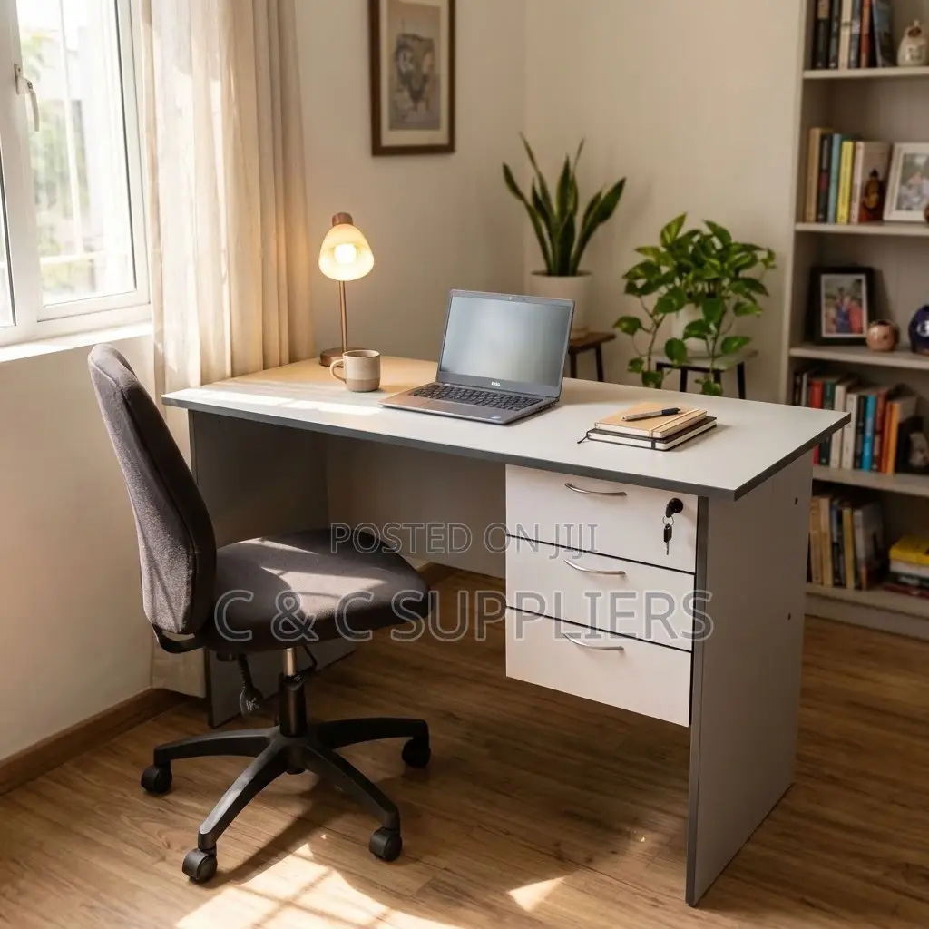White Generic Study Desk With Drawers