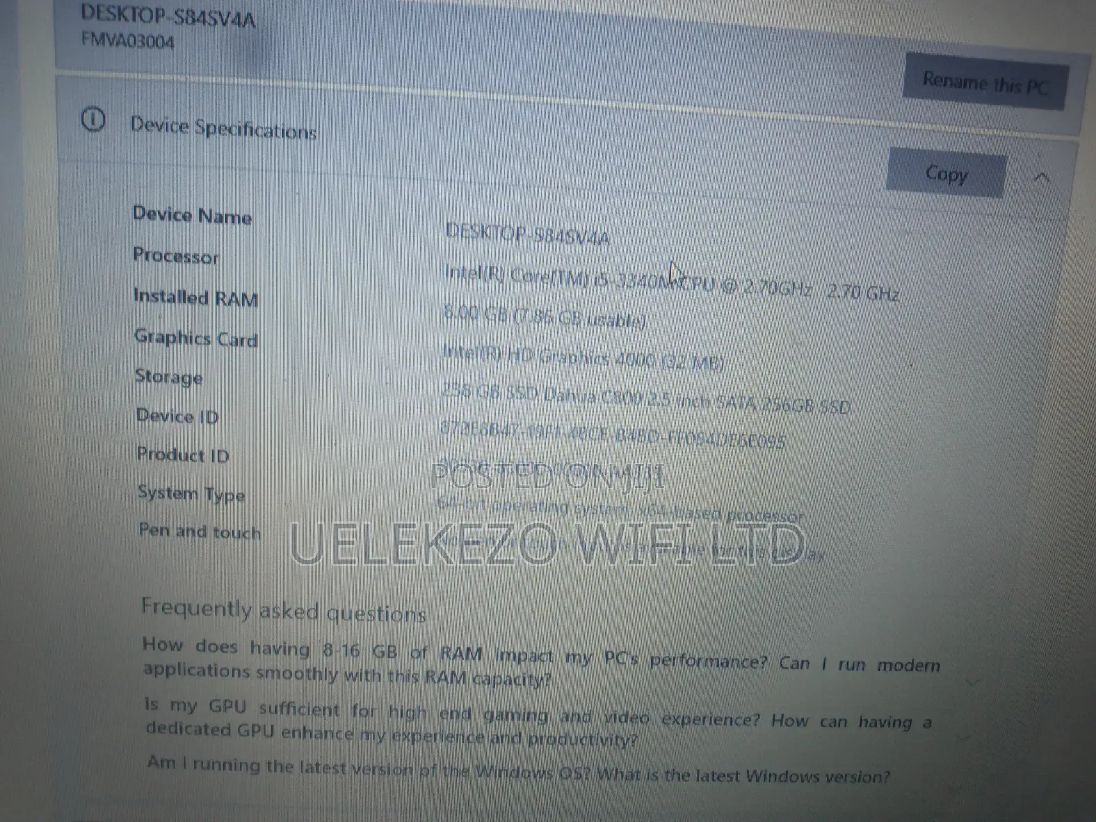 Laptop 8GB Intel Core i5 SSD 256GB