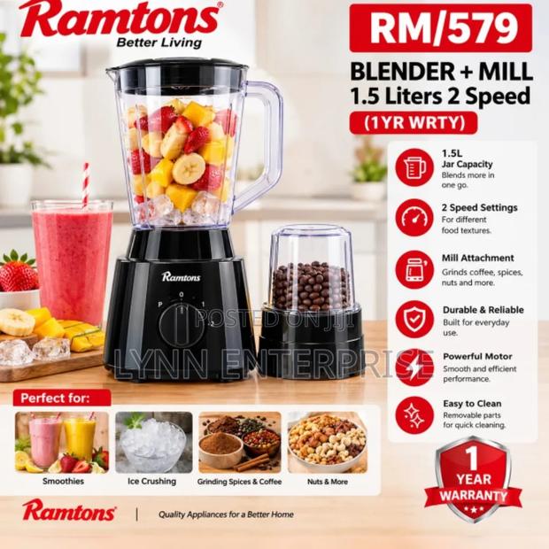 Ramtons RM/579- Blender +Mill 1.5 Liters 2 Speed (1YR WRTY) 