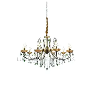 French Retro Luxury Brass & Emerald Green Crystal Dropping Chandelier