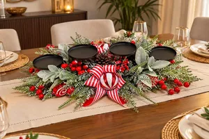 Christmas Centre Piece With 4 Metallic Candle Holders