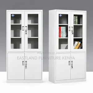 Steel Office Filing Cabinet With Glass Doors and Lockable Storage