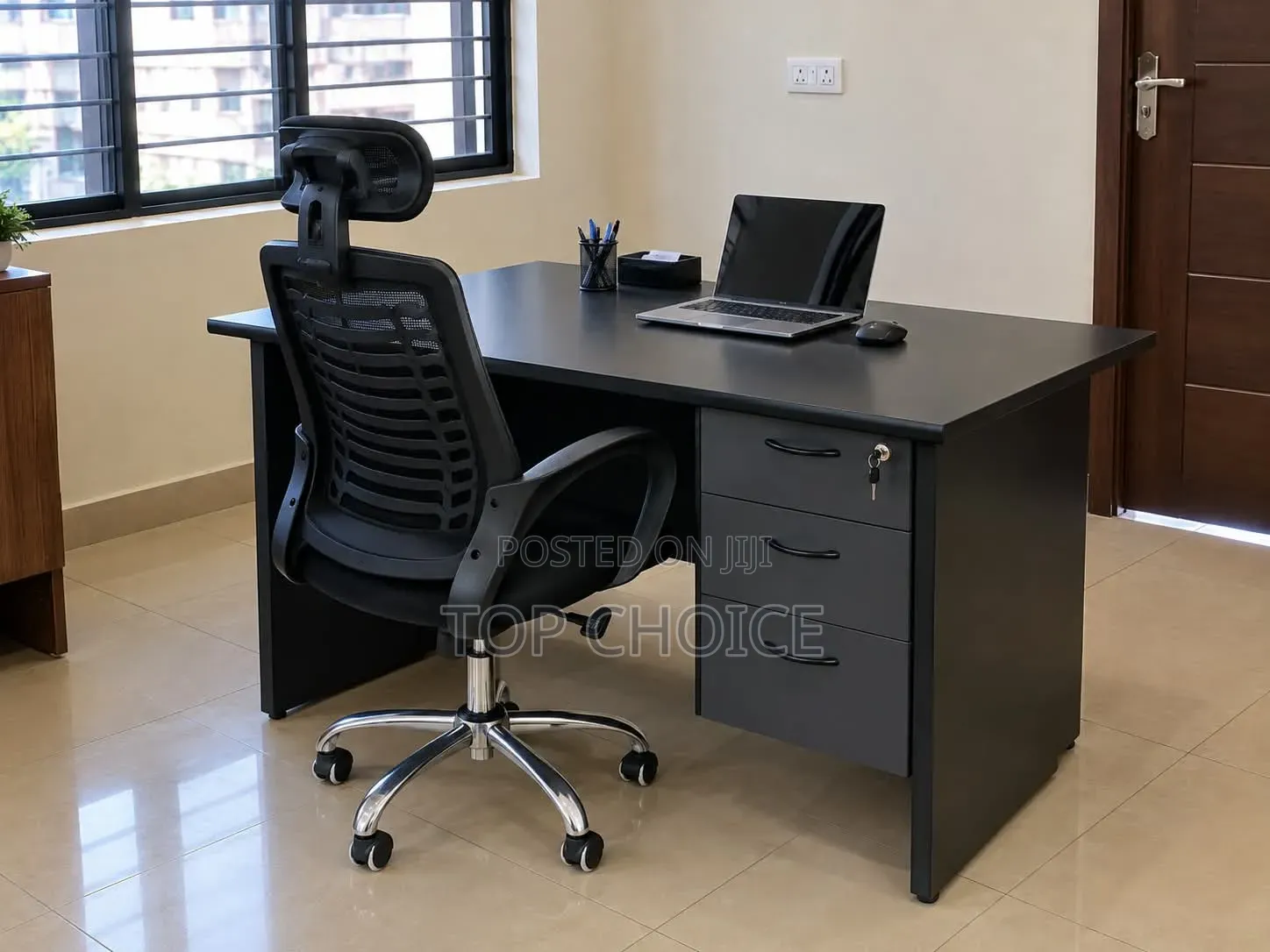 Multi Colored Office Desk With Swivel Mesh Chair