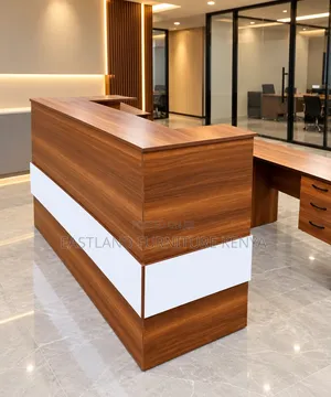 Modern L-Shaped Reception Desk – Walnut Wood Finish With White