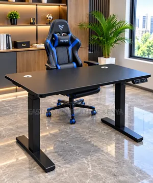Black Electric Height-Adjustable Gaming Desk With Blue LED Setup