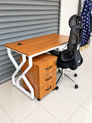 Modern Wooden Office Desk With 3-Drawer Cabinet and Ergonomic Chair