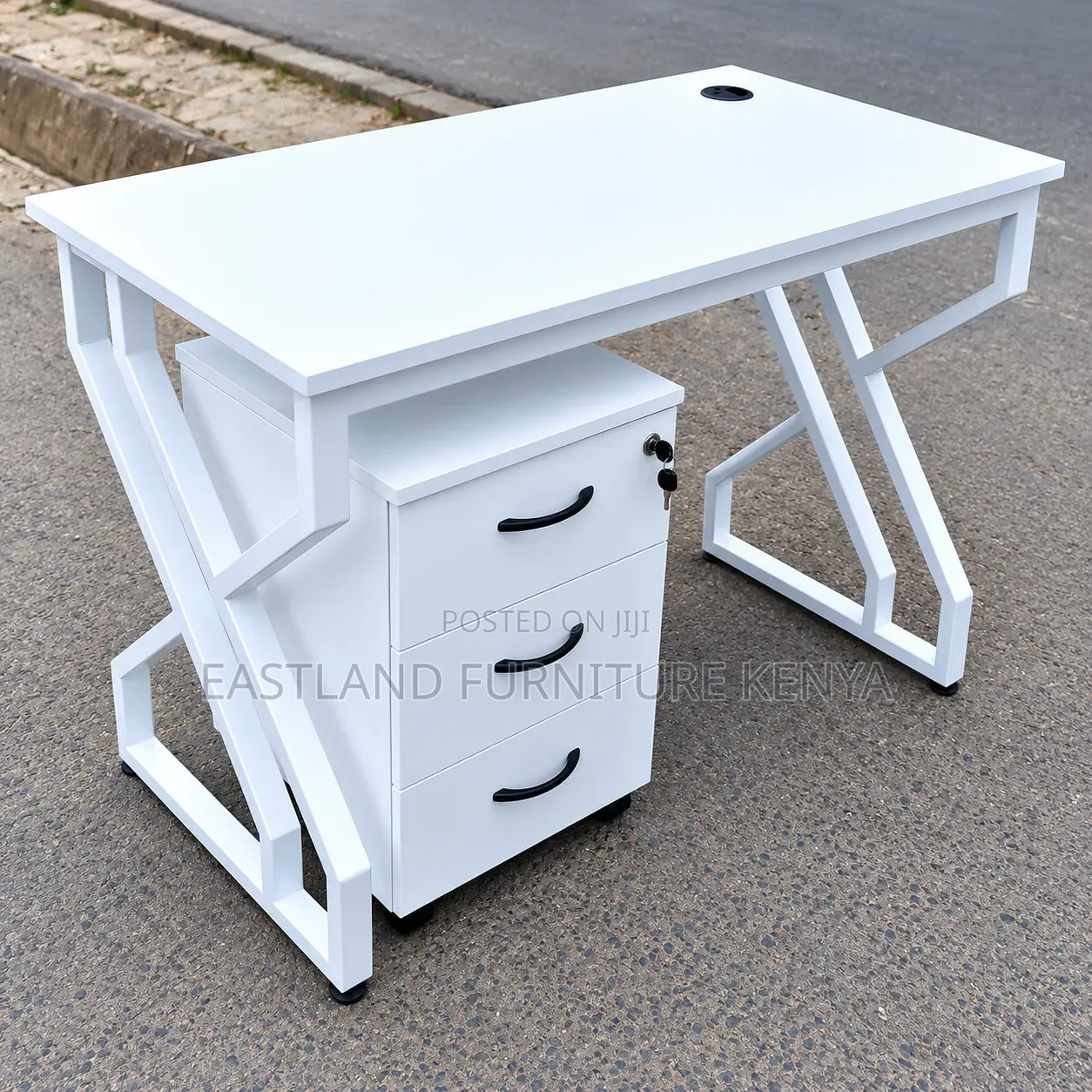 Modern White Office Desk With 3-Drawer Lockable Cabinet