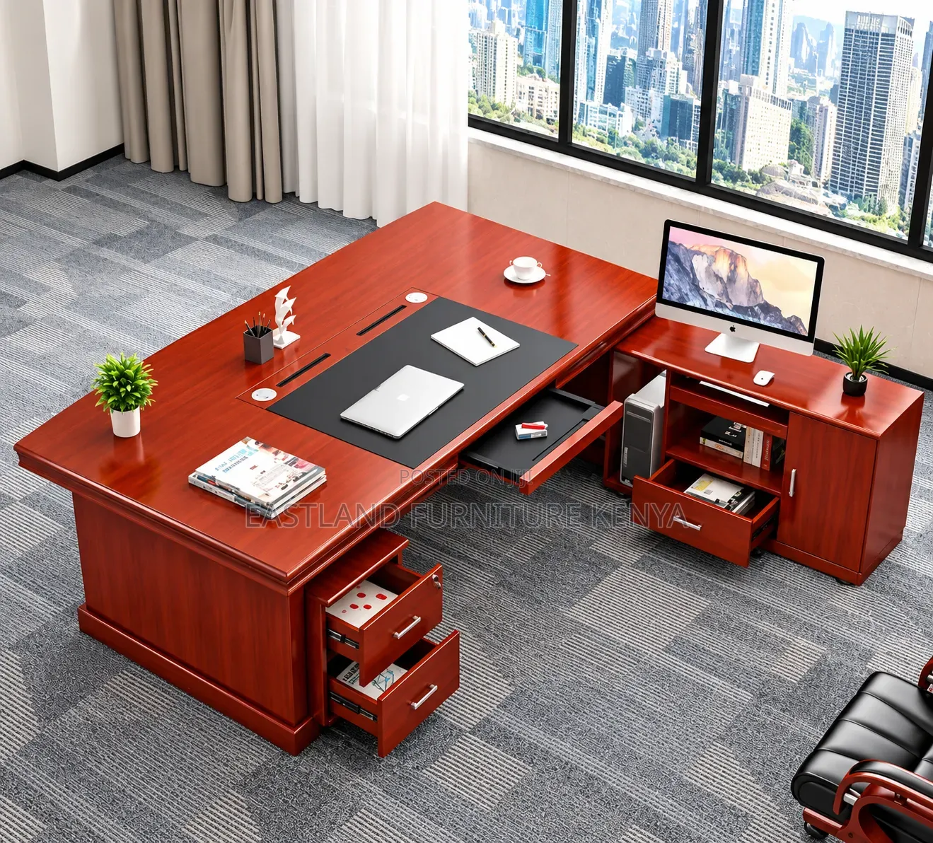 Executive L-Shaped Wooden Office Desk With Storage Cabinets