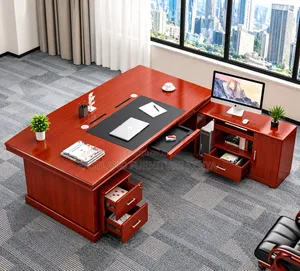 Executive L-Shaped Wooden Office Desk With Storage Cabinets