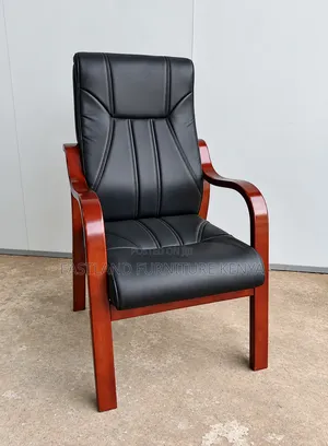 Black Leather Executive Visitor Chair With Wooden Armrests