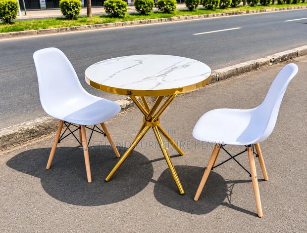 Modern White Marble Café Table Set With 2 Chairs – Gold Finish - thumbnail 2