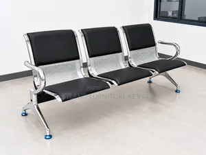 3-Seater Black Leather Waiting Bench With Chrome Metal Frame