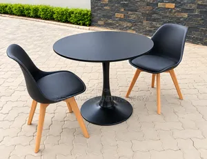 Modern Black Round Dining Table Set With 2 Wooden-Leg Chairs
