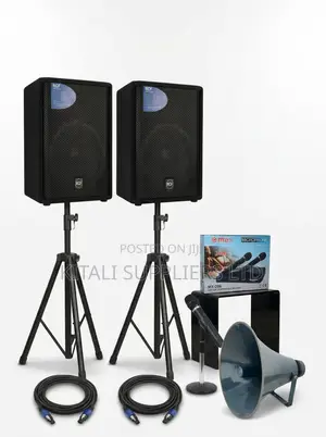 Complete Sound System Kit (2 Speakers + Stands + Wireless Mics + Horn)