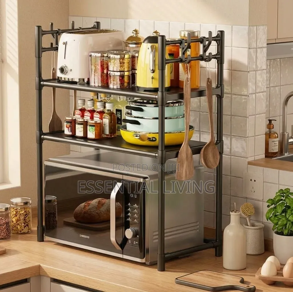 Microwave Rack & Kitchen Counter Organizer 3-Tier With Hooks