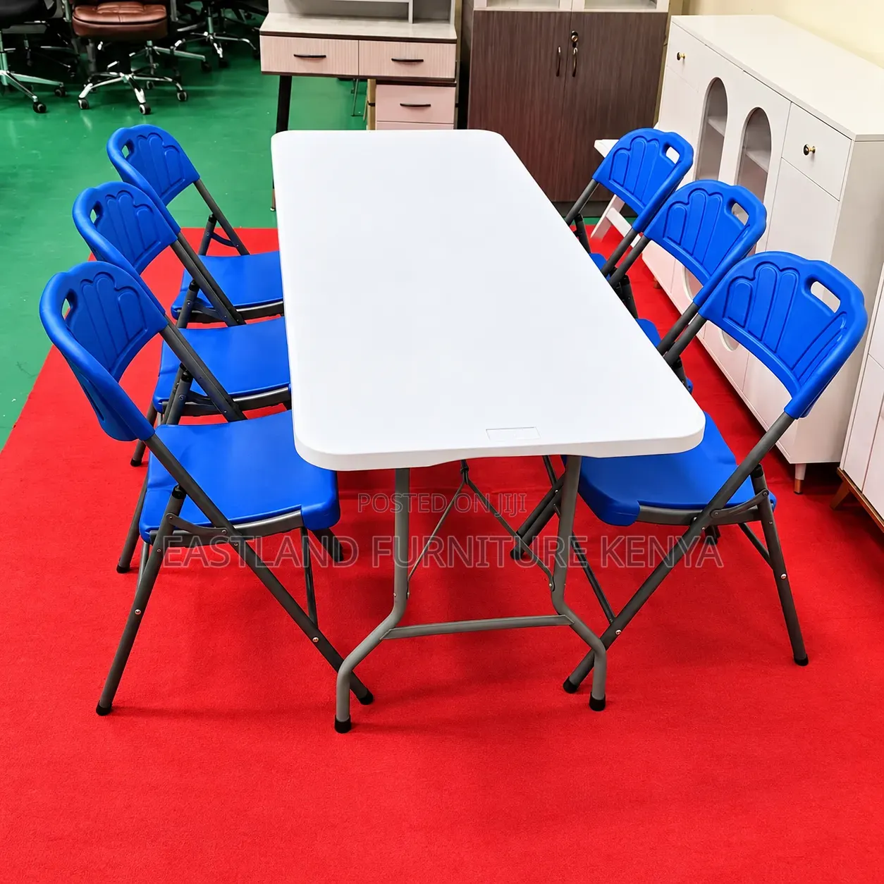 White Folding Table With 6 Blue Chairs – Portable Dining & Meeting Set
