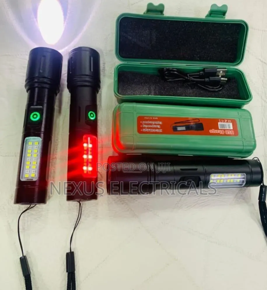 USB Rechargeable LED Flashlight Has a COB Light & Red Emergency Light
