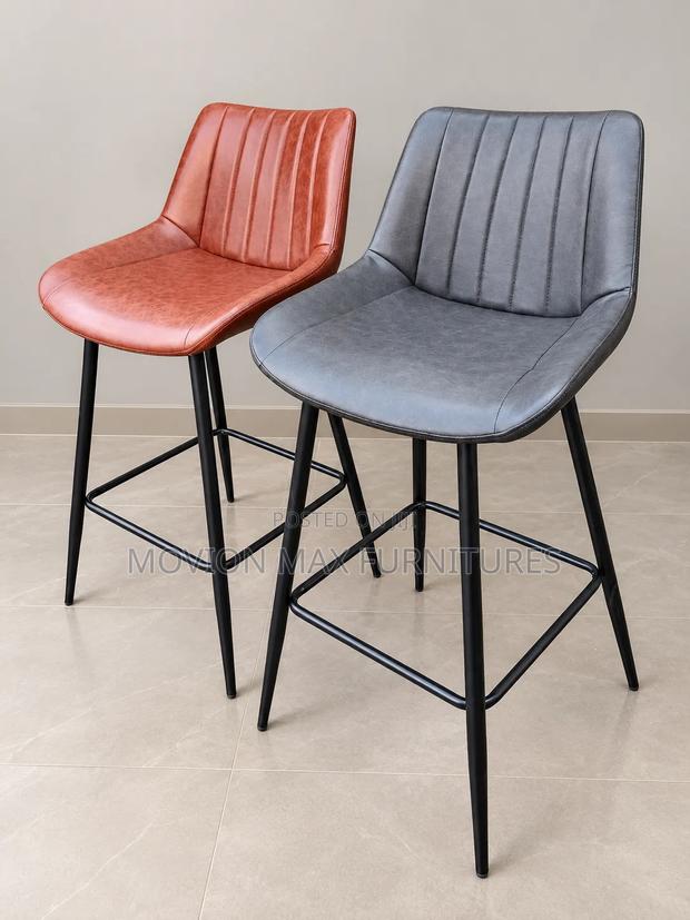 Modern Upholstered Bar Stools – Grey & Rust Brown With Black Metal Leg