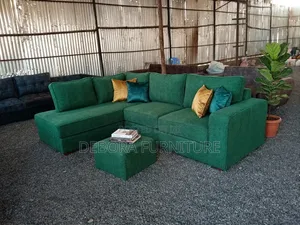 Modern Emerald Green Boucle L-Shaped Sectional Sofa + Matching Ottoman