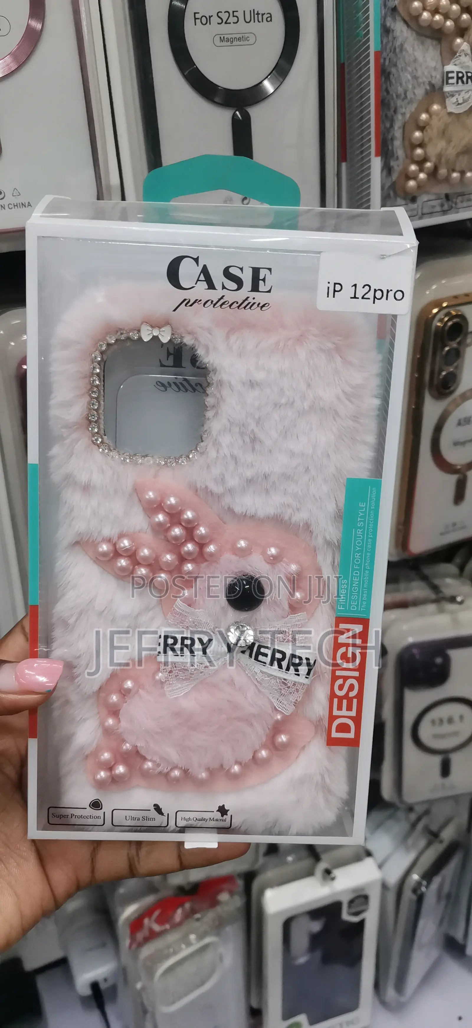 Pink Fluffy Plush Bunny Phone Case Packaged for the iPhone 12 Pro