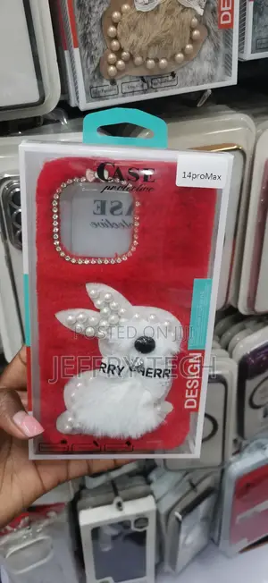 Red Plush Furry iPhone Case With a White 3D Bunny iPhone 14 Pro Max.