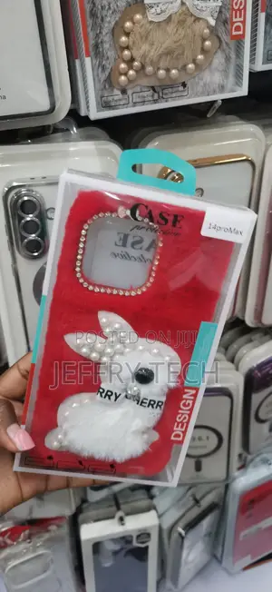 Red Plush Furry iPhone Case With a White 3D Bunny iPhone 14 Pro Max.