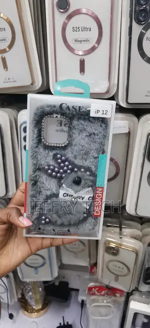 Grey, Fluffy Plush Case for an iPhone 12 With a 3D Bunny, Pearl Bead