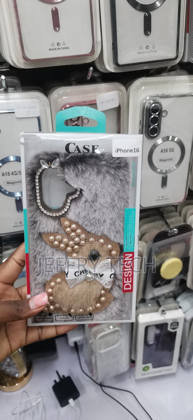 Fuzzy 3D Bunny Phone Case With Pearl Accents Designed for iPhone 16 - main view