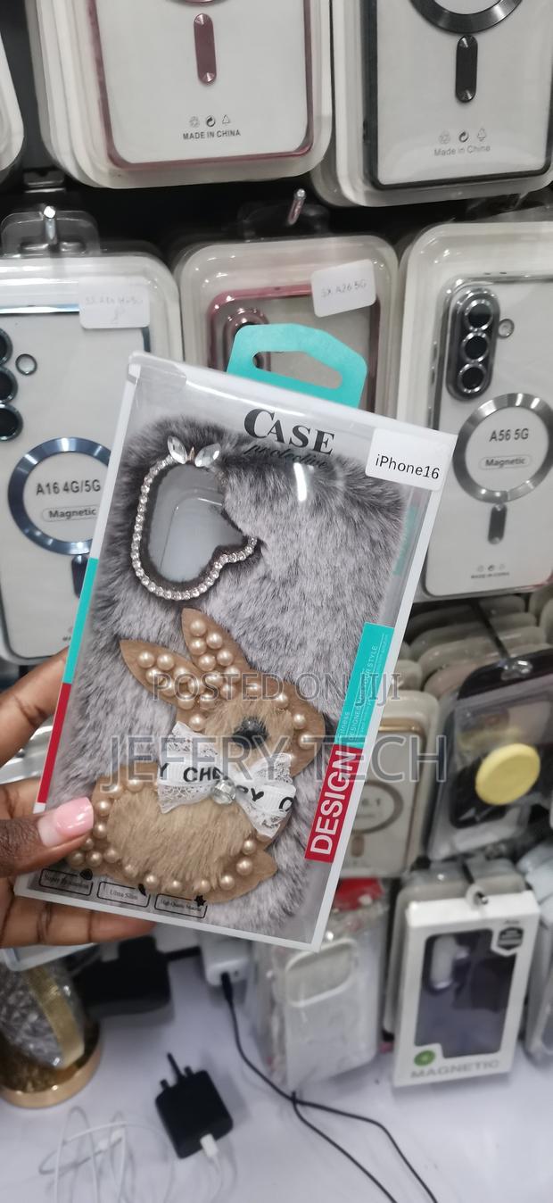 Fuzzy 3D Bunny Phone Case With Pearl Accents Designed for iPhone 16 - thumbnail 2