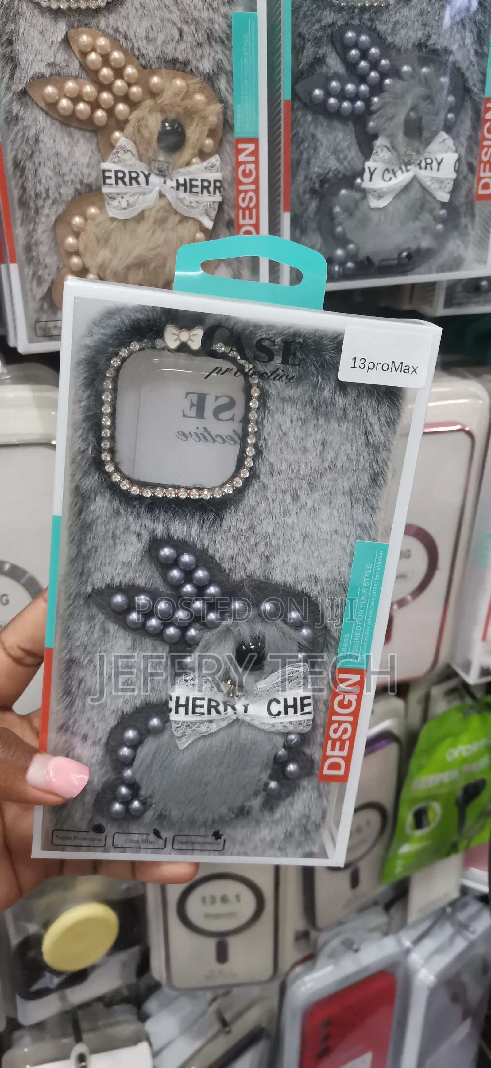 Gray 3D Pearl Rabbit Plush Case Designed for the iPhone 13 Pro Max