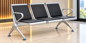 3-Seater Airport Waiting Bench – Black Cushions & Silver Metal Frame