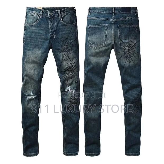 Spiderweb Print Distressed Denim Jeans