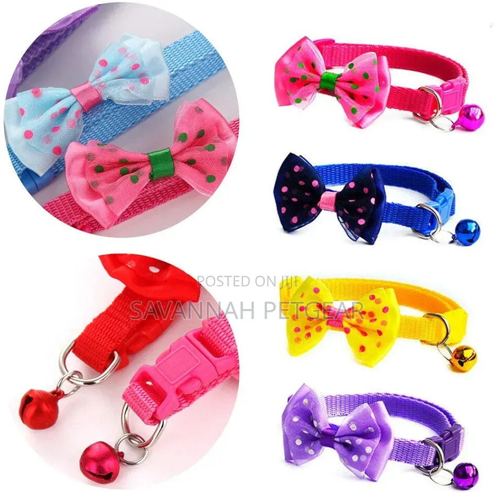 Adjustable Nylon Cat Kitten Collars With Removable Bows & Jingle Bells
