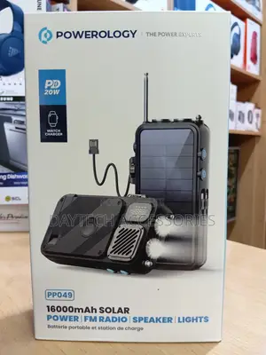 Powerology 16000mAh Solar Power Bank With FM Radio, Speaker & Lights.
