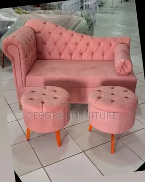 Luxury Chesterfield Chaise Lounge Chair Set + 2 Round Tufted Ottomans