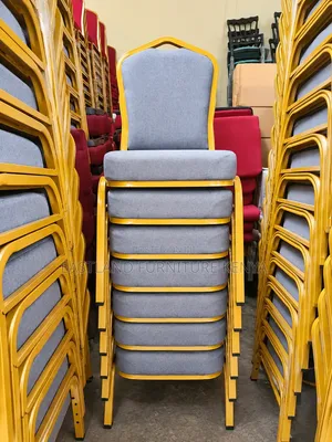 Grey Upholstered Banquet Chair With Gold Metal Frame Stackable Chair