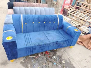 3 Seater-Blue Sofa With Cup Holders
