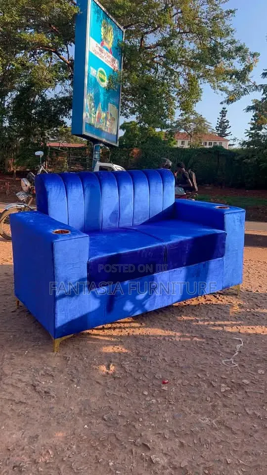 2 Seater Blue Sofa With Cup Holders