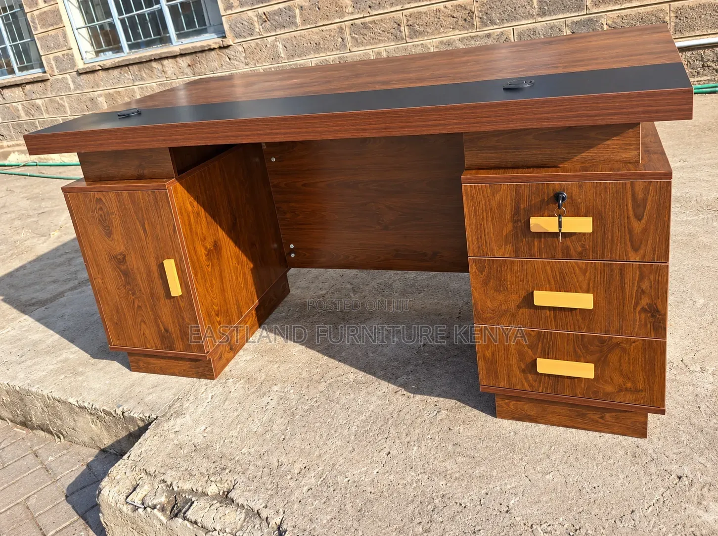 Executive Wooden Office Desk With Gold Handles, Lockable Drawers